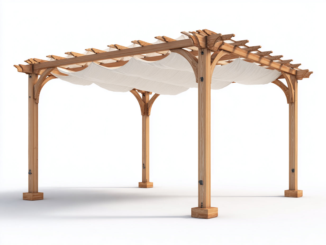 Pérgola de jardín de madera 420x320x255 cm - madera natural y lona blanca - diseño abierto para exterior