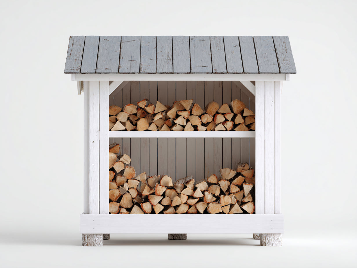 Leñero de exterior de madera 120 x 45 x 125 cm - blanco y gris - diseño con techo