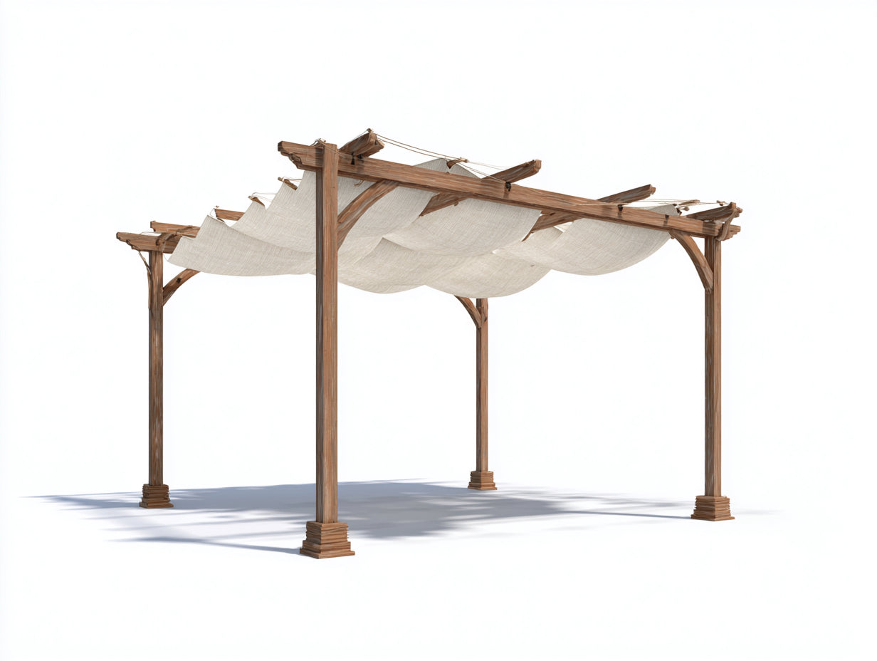 Pérgola de jardín de madera natural-crema 420 x 300 x 265 cm - con toldo ondulado - diseño moderno