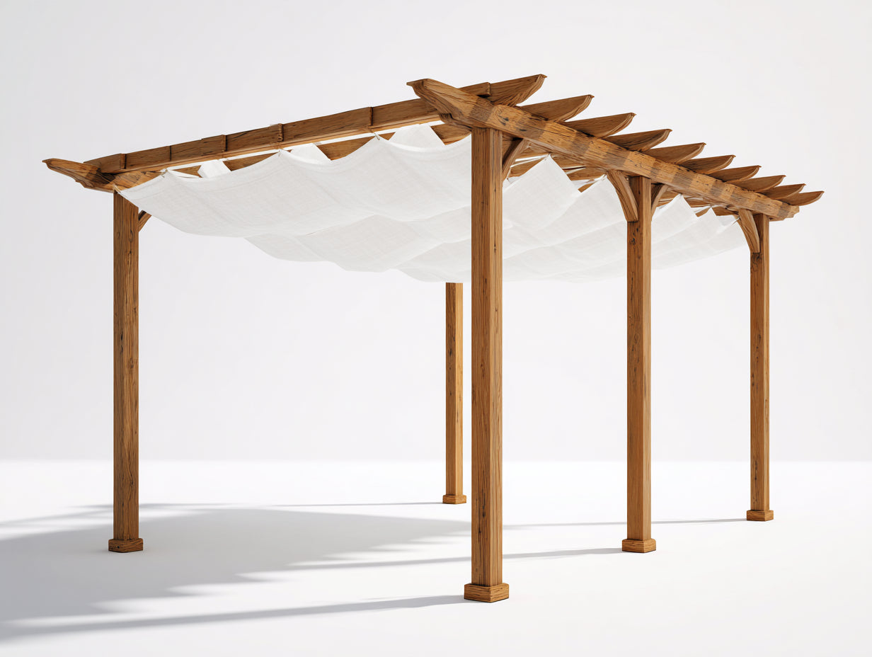 Pérgola de jardín de madera 420 x 300 x 245 cm - marrón y blanco - diseño con cubierta textil