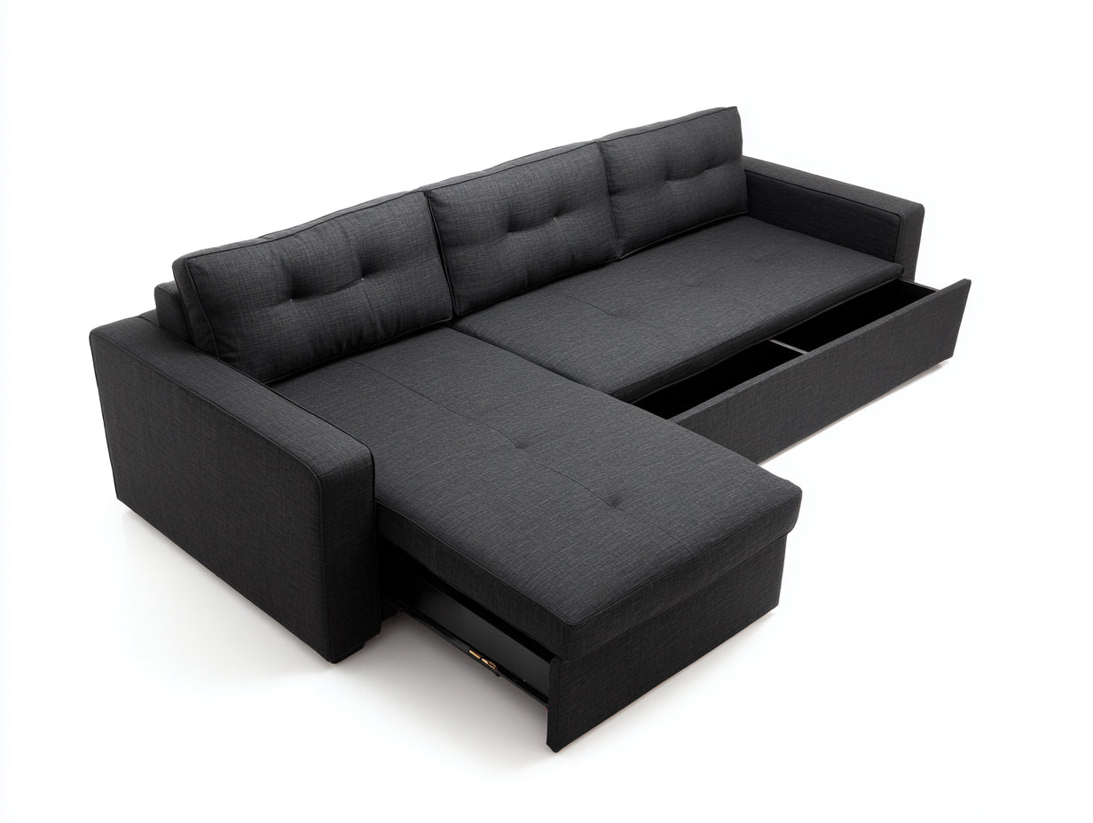 Sofás de esquina de tela con almacenamiento 250 x 160 x 84 cm - gris oscuro - diseño funcional
