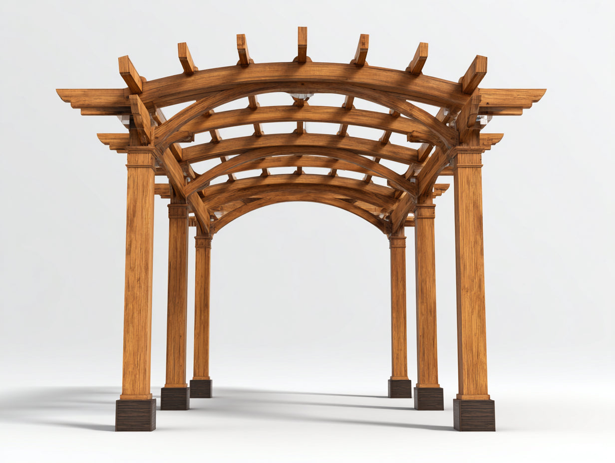Pérgola de jardín de madera 380x280x260 cm - madera natural y base oscura - diseño arqueado para exterior