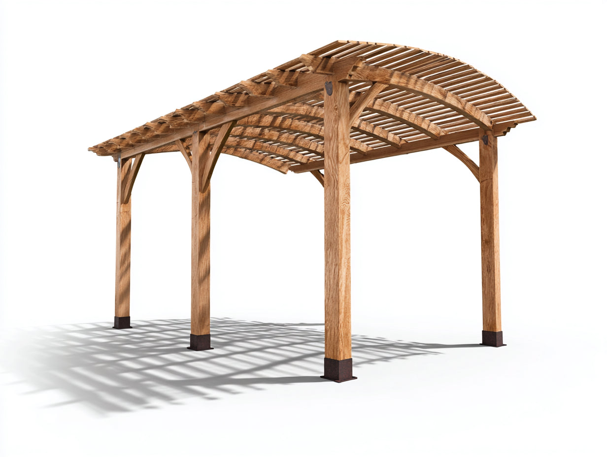 Pérgola de jardín de madera natural 420 x 300 x 270 cm - con techo curvado de celosía - diseño rústico