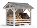 Leñero de exterior de madera 186x92x178 cm - Blanco-Gris - Diseño cubierto para almacenamiento de leña