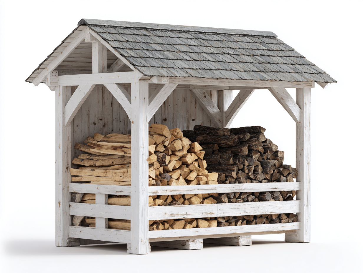 Leñero de exterior de madera 186x92x178 cm - Blanco-Gris - Diseño cubierto para almacenamiento de leña