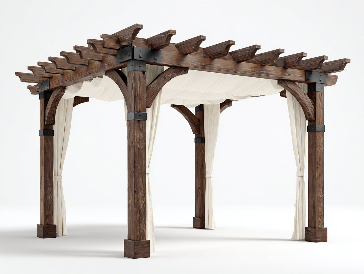 Pérgola de jardín de madera 360 x 300 x 250 cm - marrón crema y negro - diseño con cortinas