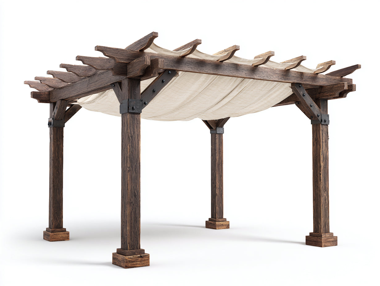 Pérgola de jardín de madera marrón-crema 400 x 300 x 260 cm - con toldo de tela - diseño rústico