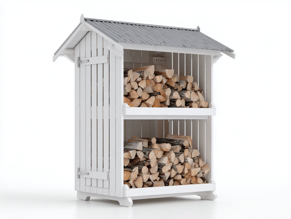 Leñero de exterior de madera 118x58x162 cm - Blanco-Gris - Diseño cubierto para jardín